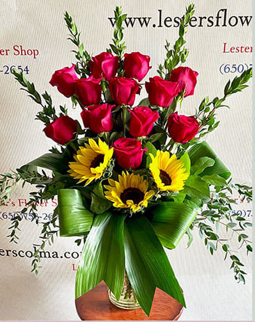 Dozen Red Roses & Sunflowers in a vase