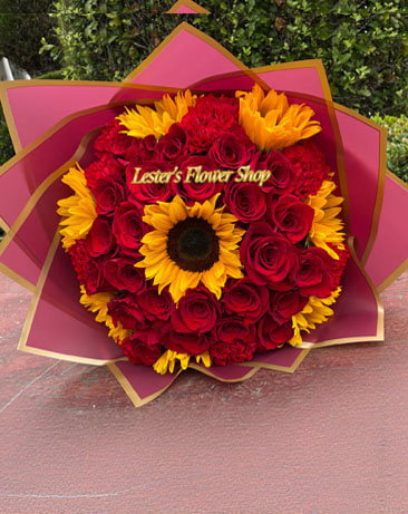 Red Carnations Roses Sunflowers Bouquet