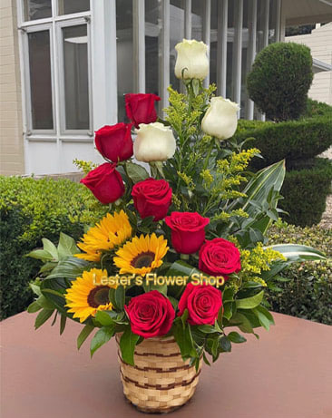Sunflowers, Red & White Roses Swirl Arrangement