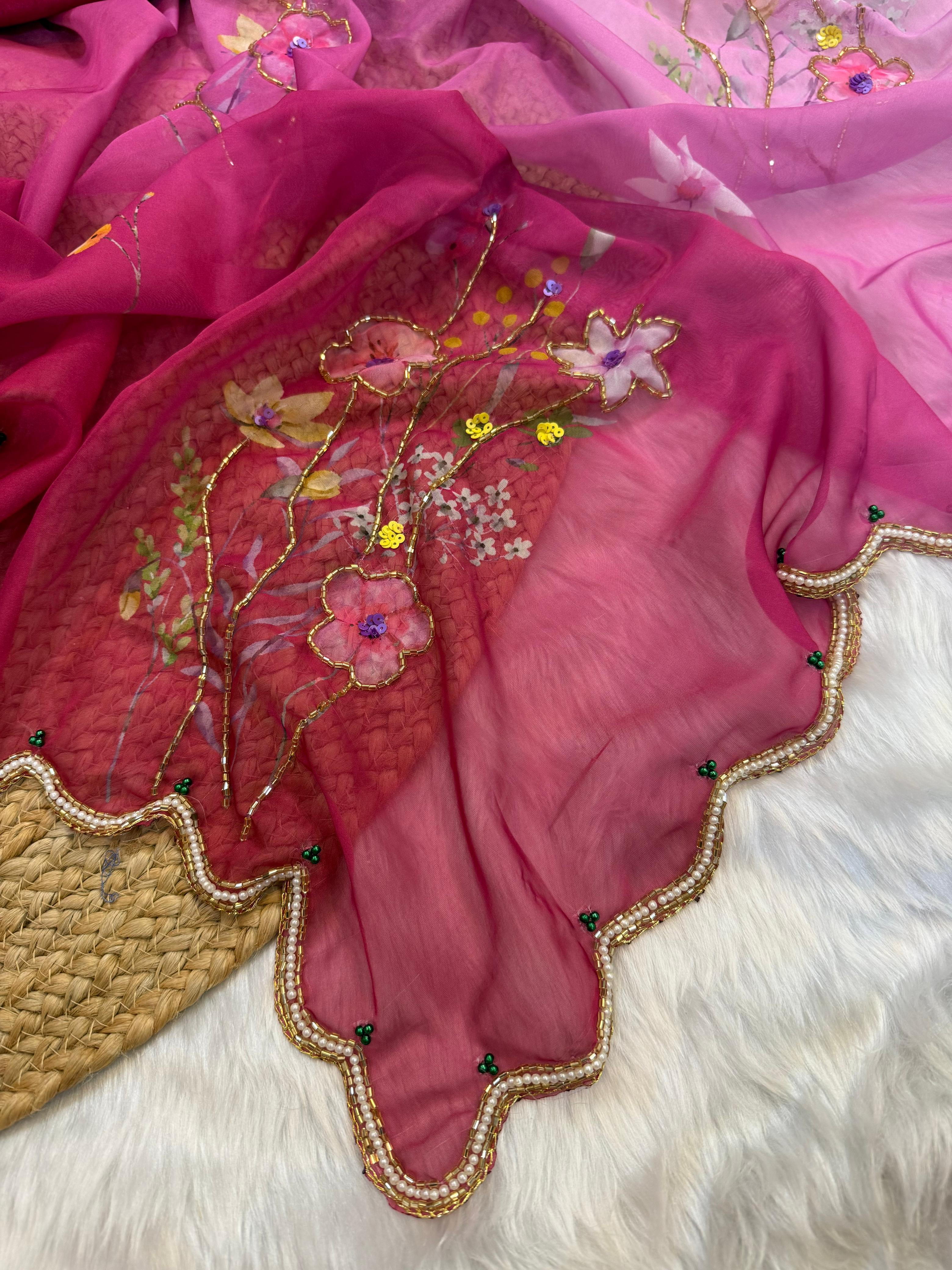 handwork  Pink Ombre Saree