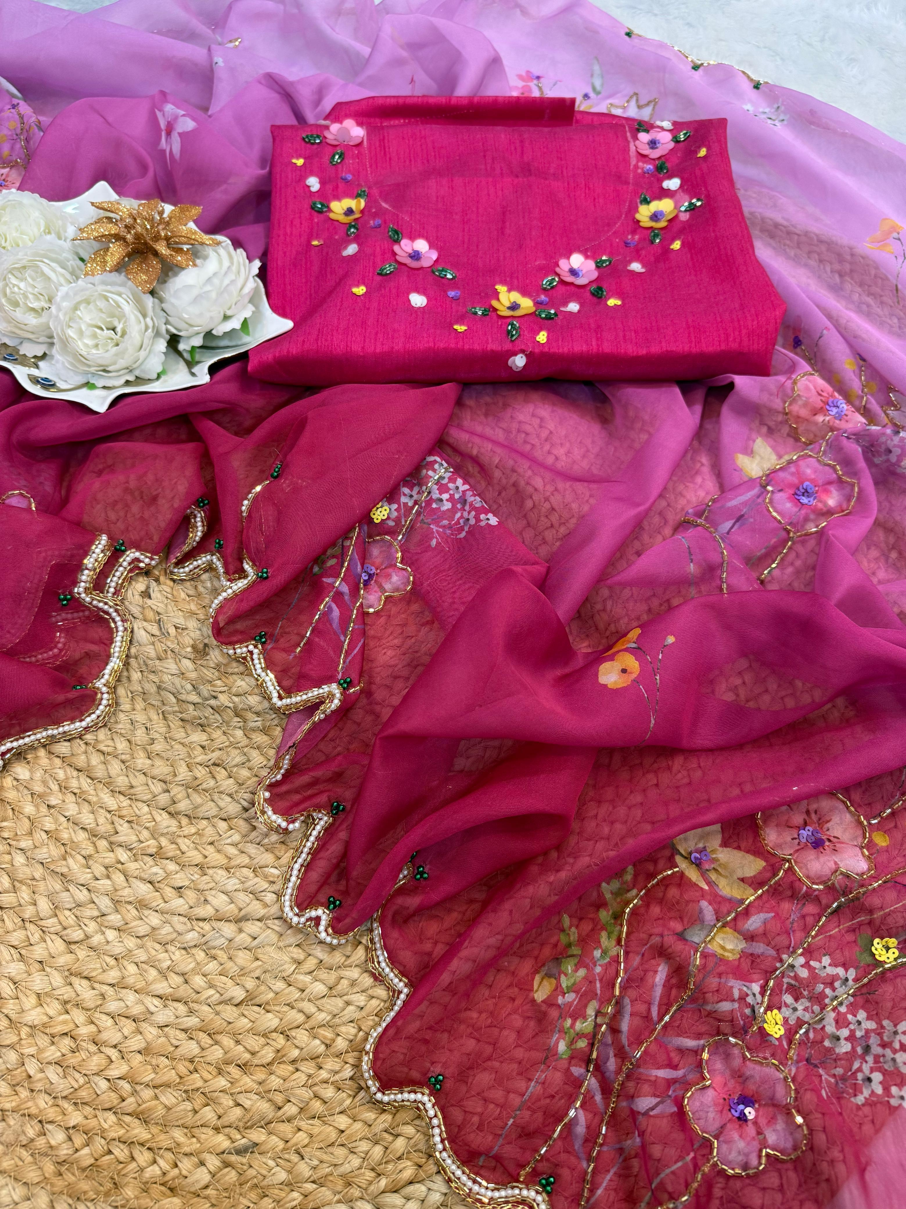 handwork  Pink Ombre Saree