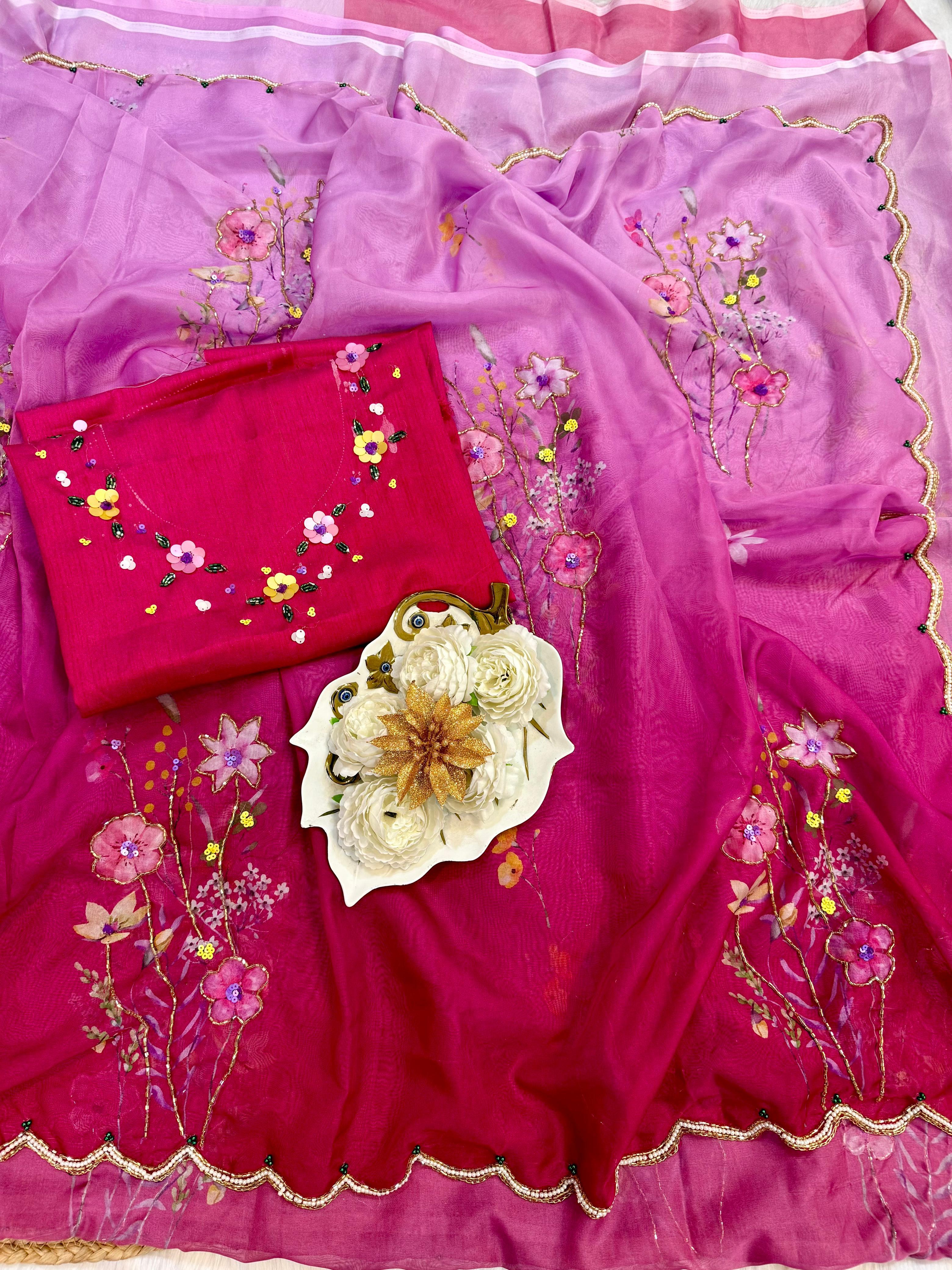 handwork  Pink Ombre Saree