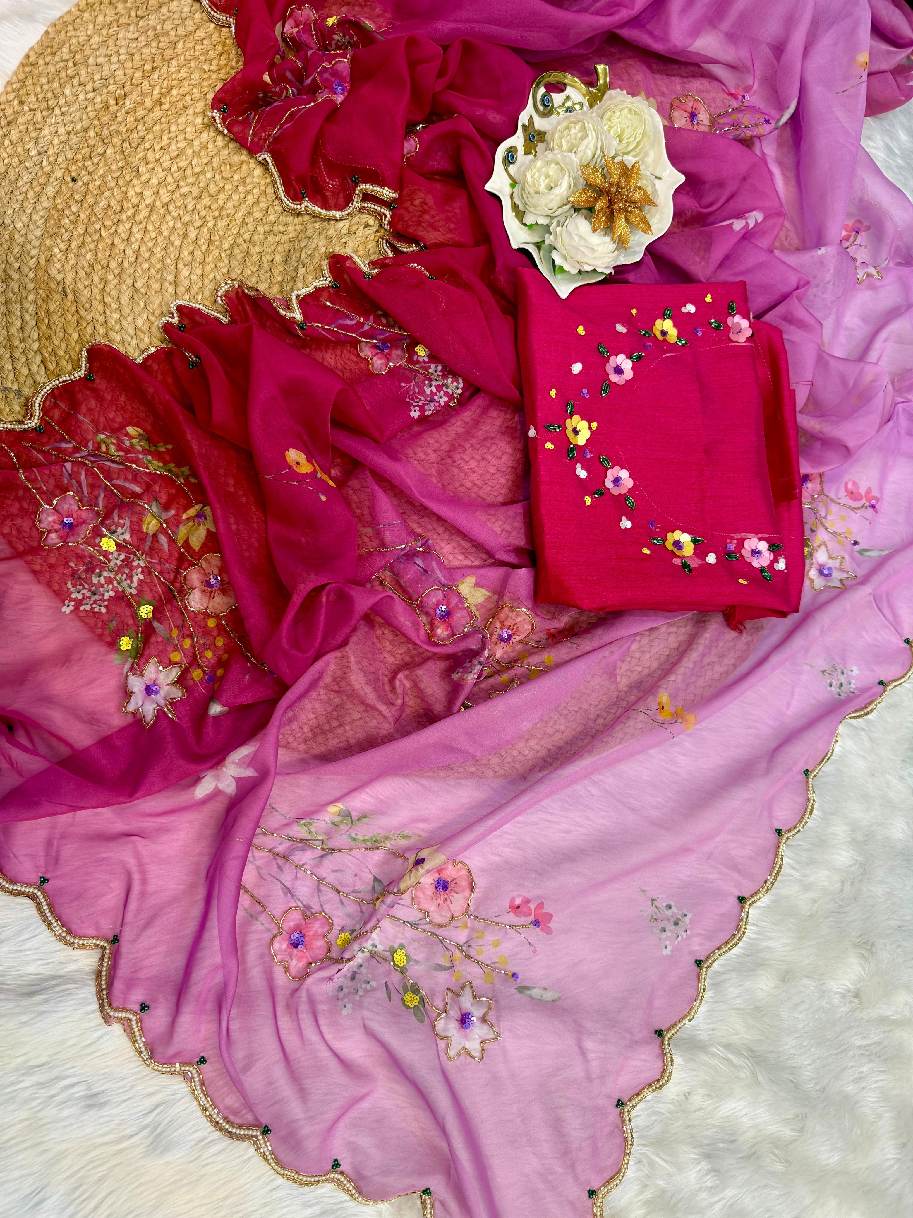 handwork  Pink Ombre Saree