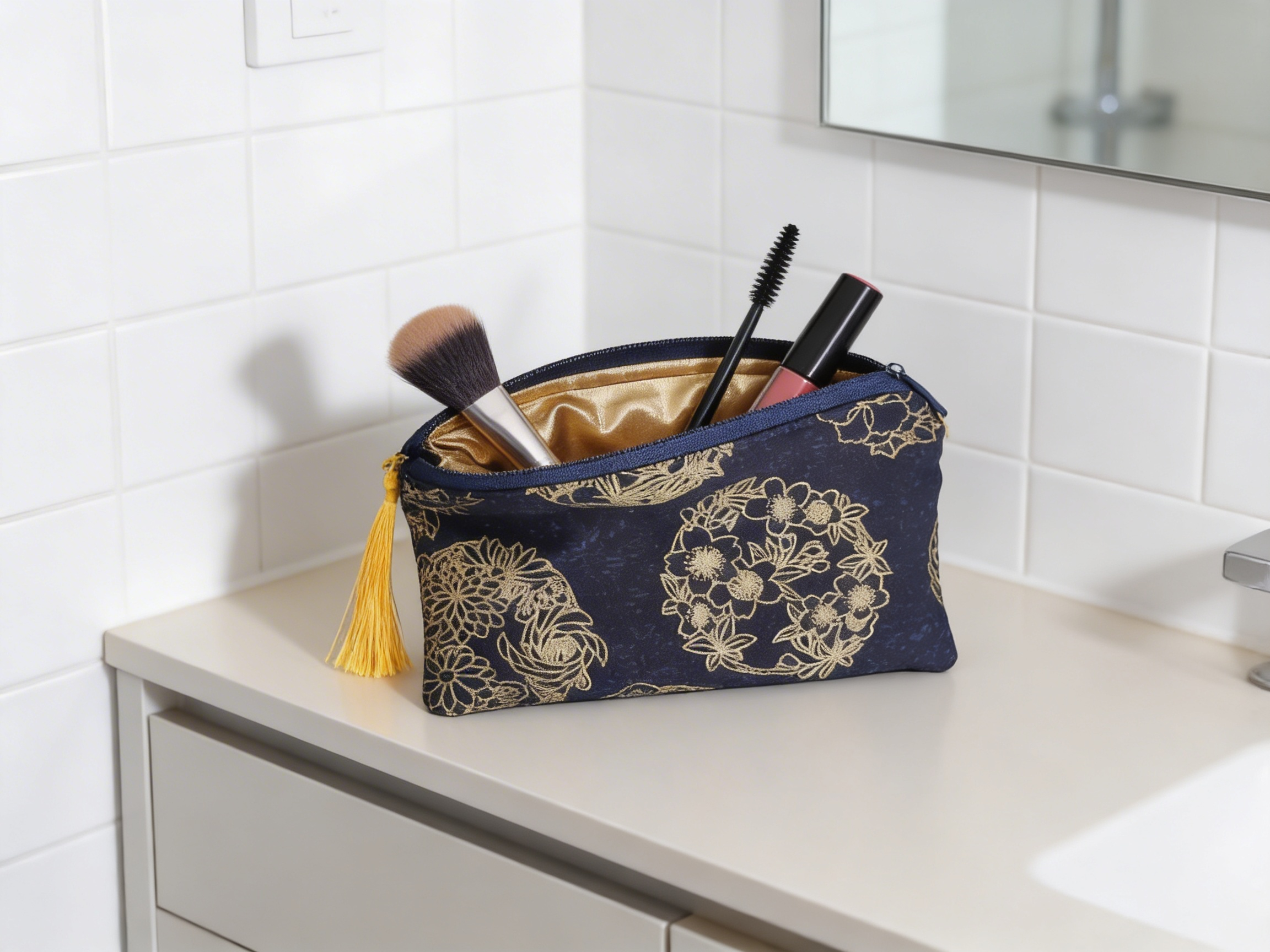 Granatowa kosmetyczka ze złotym wzorem