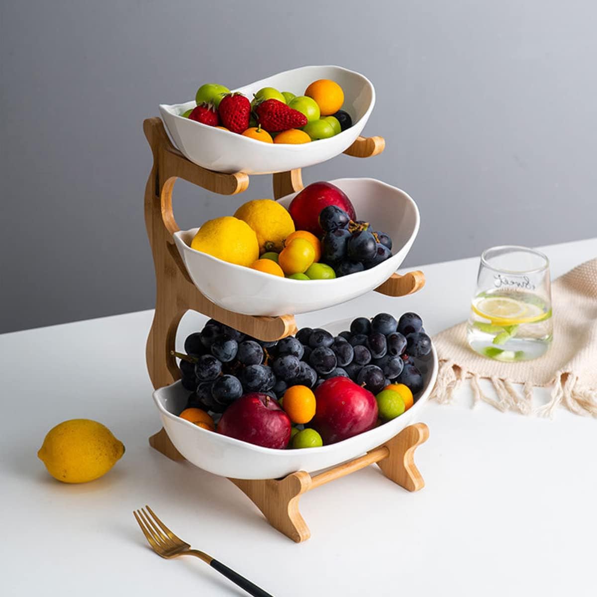 Liywall -3 Tier Ceramic Fruit Bowl with Bamboo Wood Stand for Kitchen Countertop