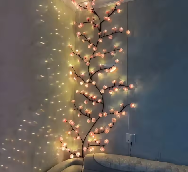 96LEDs Cherry Blossom Branch Decoration Night Lights,8 Modes USB Powered Ideal Wall Atmosphere Light Strings