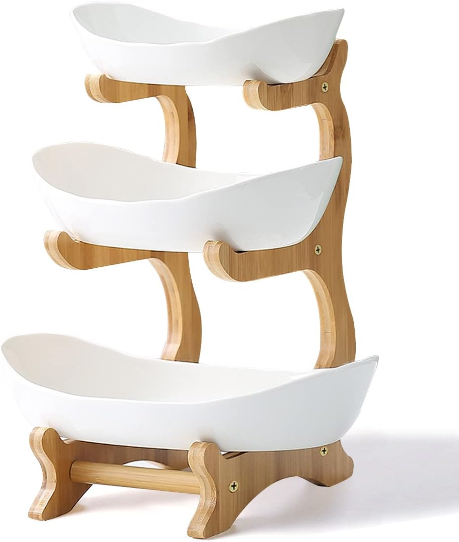 Liywall -3 Tier Ceramic Fruit Bowl with Bamboo Wood Stand for Kitchen Countertop