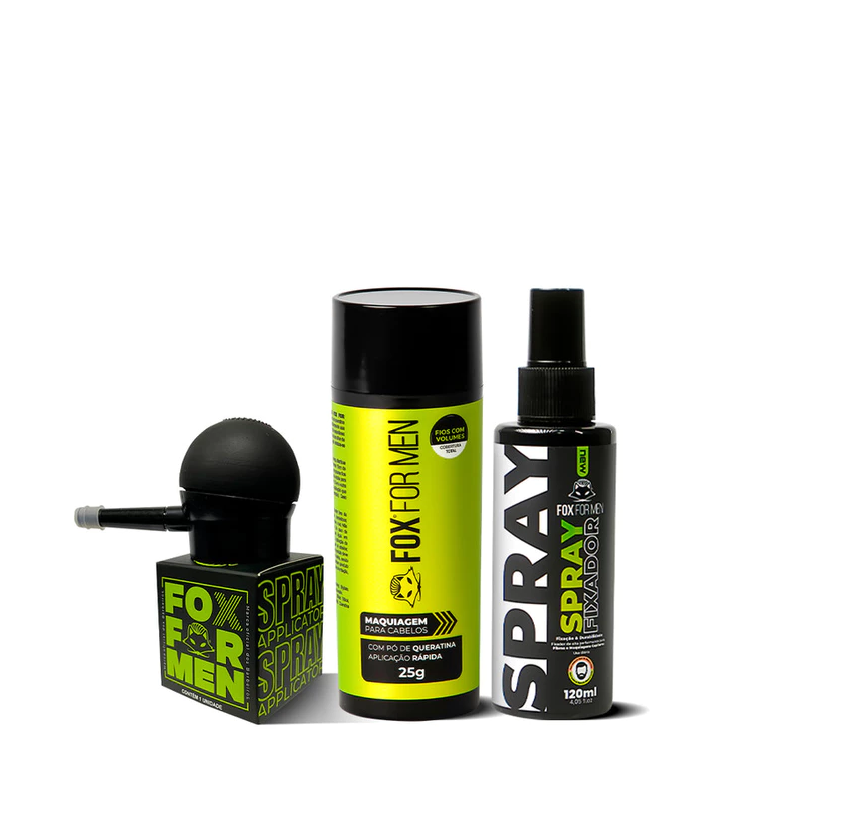 Fibra Capilar Preto + Aplicador + Spray Fixador Fox For Men