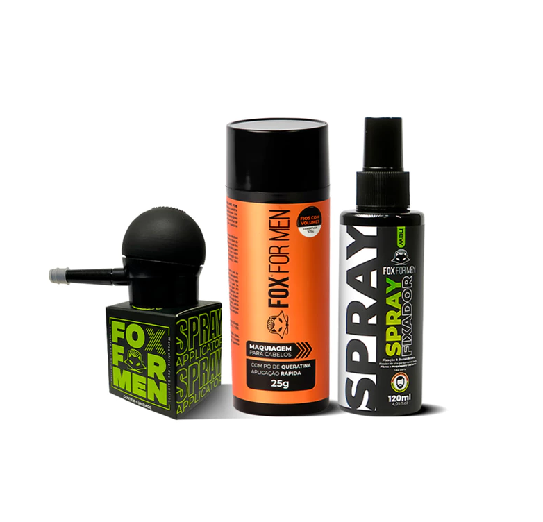 Fibra Capilar Castanho + Aplicador + Spray Fixador Fox For Men