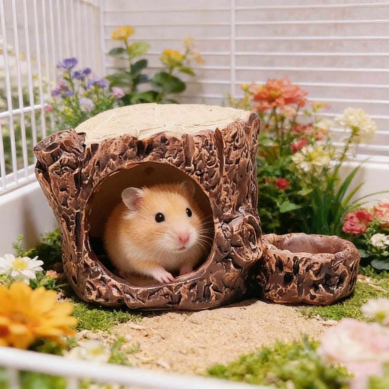 Hamster Hideout, Tree Stump Hamster House, Small Pet Habitat, Hamster Food Bowl, Ceramic Decor, Gerbil Shelter, Dwarf Hamster Cage
