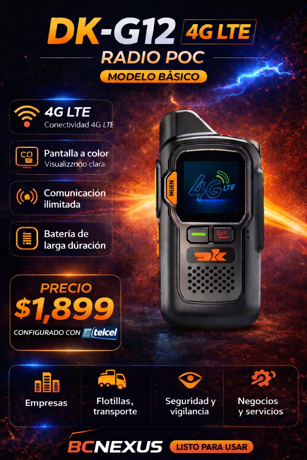 Radio PoC 4G DK-G12 – Configurado con Red Telcel (Modelo Básico)