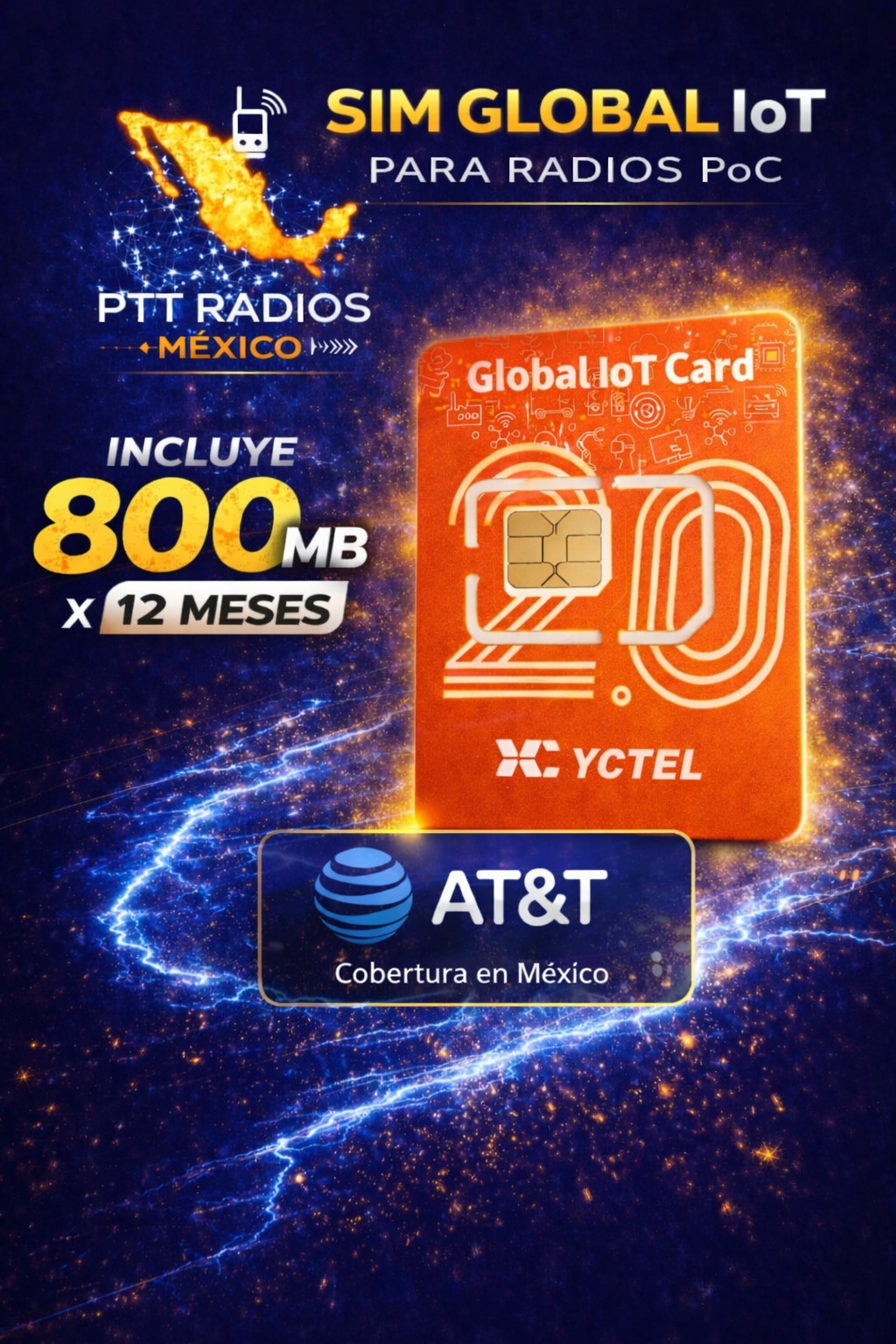 SIM Global IoT AT&T 800MB para radios PoC