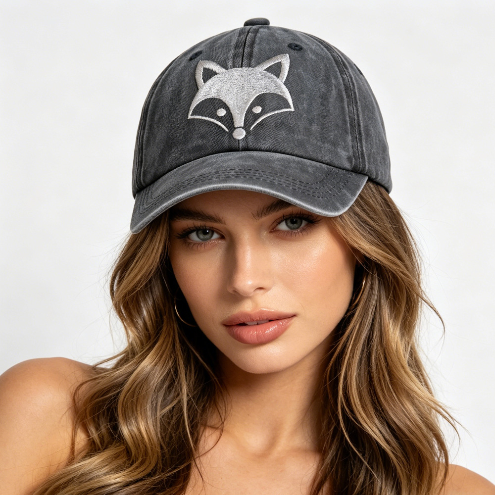 2pcs Cute Fox Face Embroidered Baseball Cap - Vintage Washed Cotton Hat, Adjus