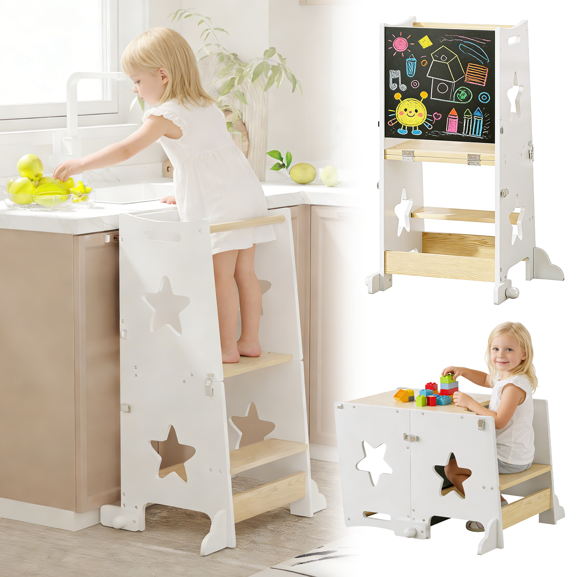 3-in-1 Toddler Kitchen Step Stool, Foldable Learning Standing Tower With Black