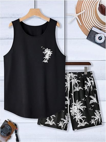 SOLY HUX Men's Short Sets 2 Piece Outfits Summer Tropical Print Tank Tops and Drawstring Shorts Sets