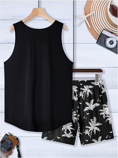 SOLY HUX Men's Short Sets 2 Piece Outfits Summer Tropical Print Tank Tops and Drawstring Shorts Sets
