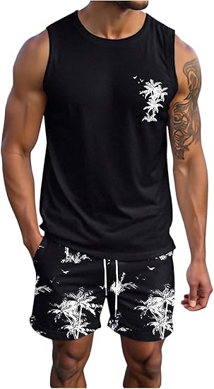 SOLY HUX Men's Short Sets 2 Piece Outfits Summer Tropical Print Tank Tops and Drawstring Shorts Sets