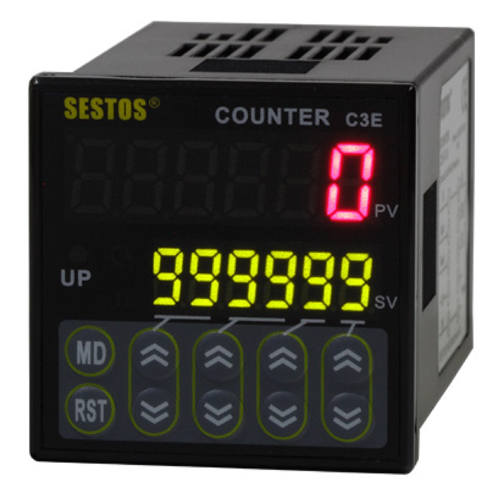 SESTOS 6-Digit Digital Counter C3E-R-220 Preset Counter Relay, AC 100-240V, 10 kcps, NPN/PNP Selectable, Up/Down Counting Mode
