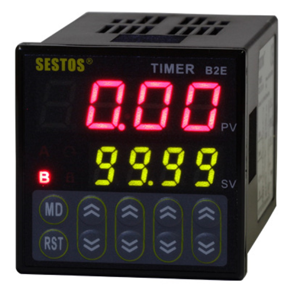 SESTOS B2E-2R-24 Repeat Cycle Digital Twin Timer Relay, AC/DC 12-24V, NPN/PNP Input Switchable, Programmable Dual Output