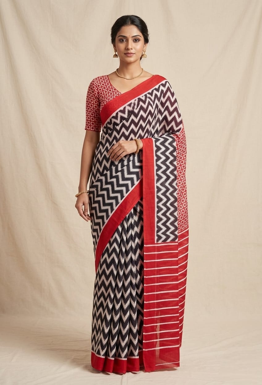 Black & Red Zigzag Mul Cotton Saree
