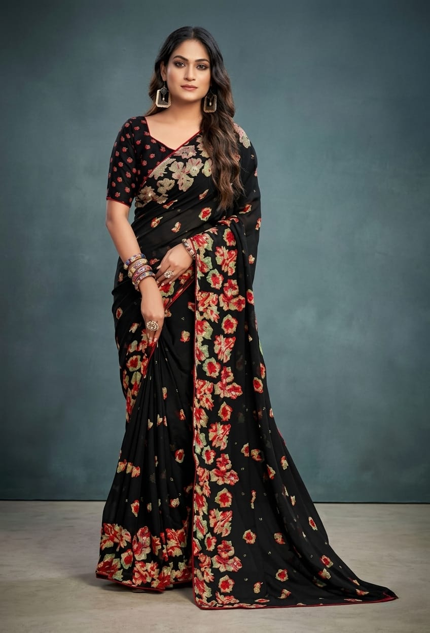 Black Floral Printed Georgette Saree with blouse piece
