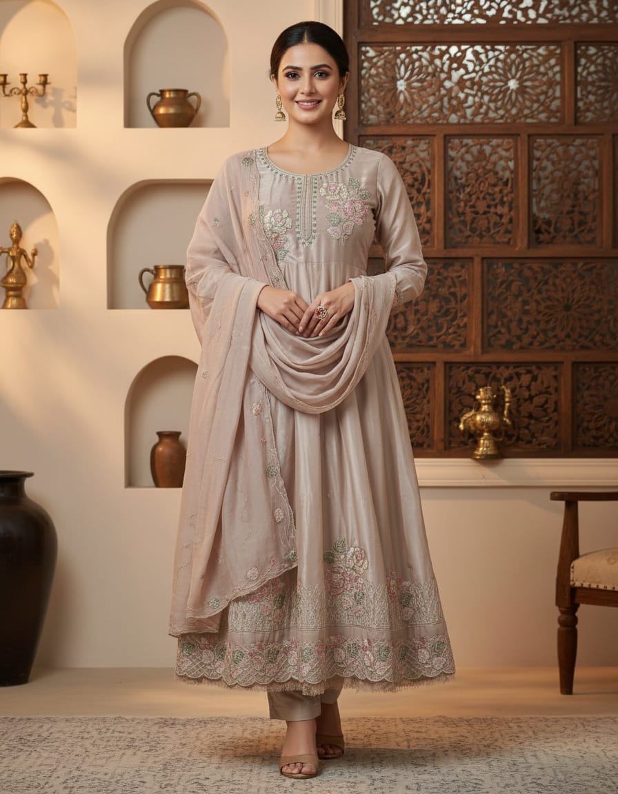 Embroidered Beige Anarkali Suit material