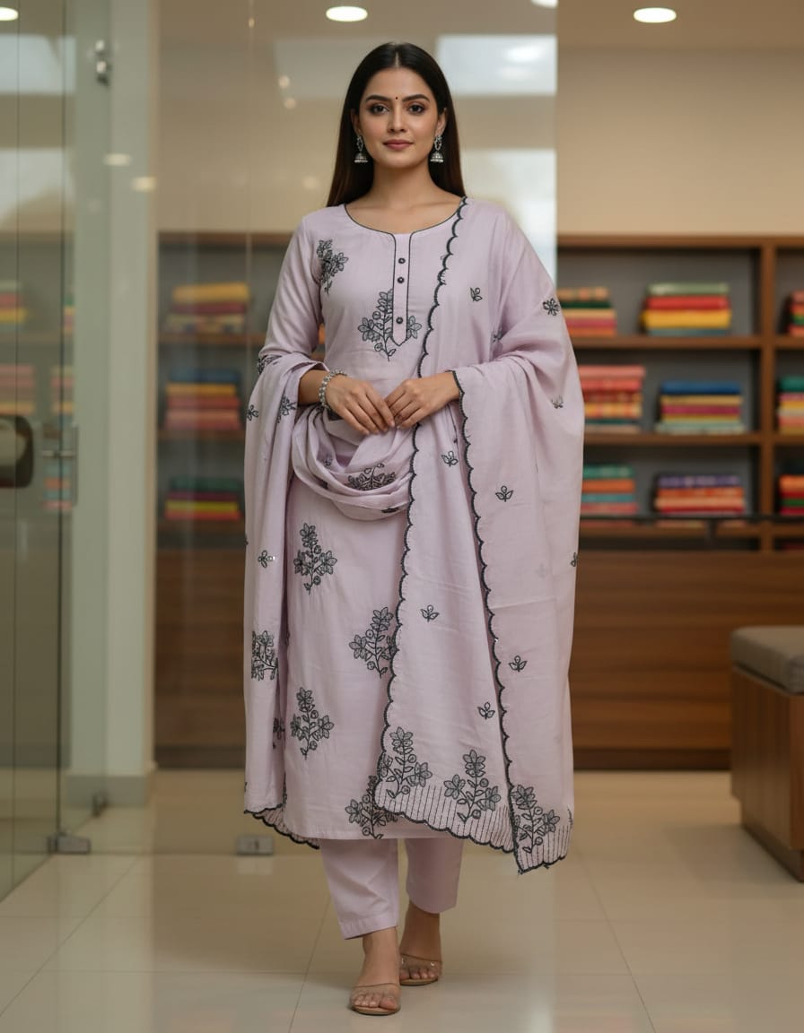 Lavender Embroidered Mul Chanderi Salwar material