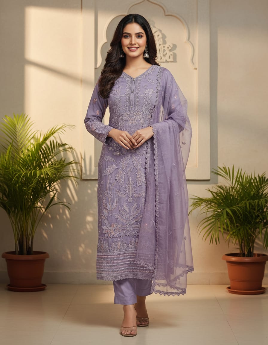 Lavender Embroidered Salwar material