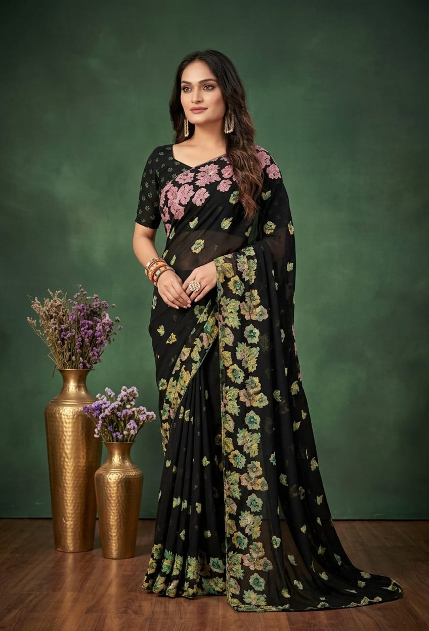Black Floral Print Georgette Saree with blouse piece