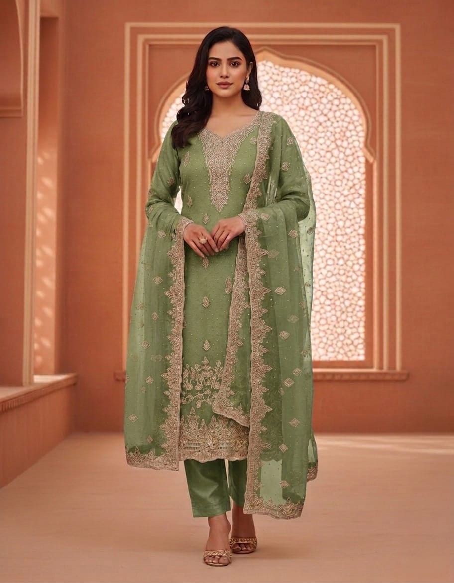 Green stone and cut work Salwar material