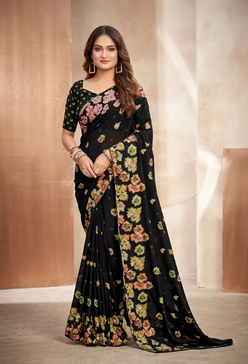 Elegant Black Floral Georgette Saree with blouse piece