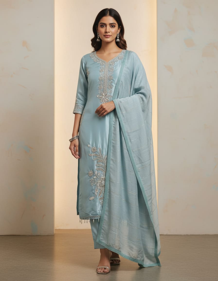 Light Blue Embroidered Salwar material with stone work