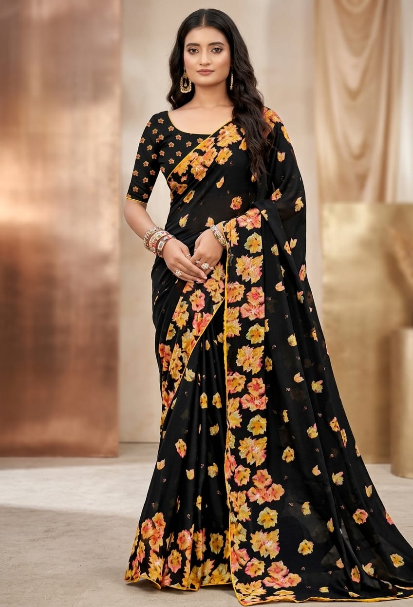 Black Floral Printed Georgette Saree with blouse piece