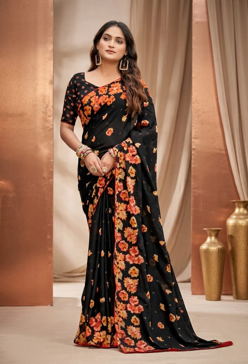Black Floral Printed Georgette Saree with blouse piece