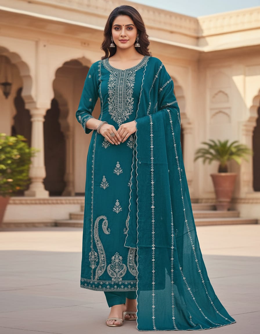 Teal Embroidered Salwar Suit material