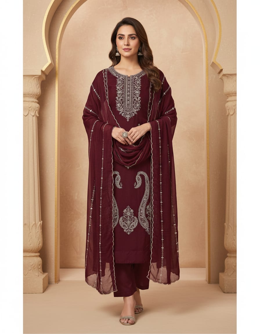 Embroidered Maroon Salwar Suit material