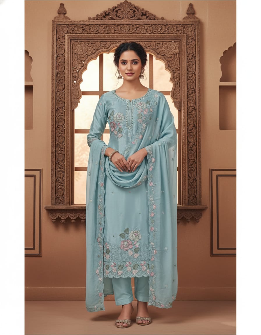 Embroidered Blue Salwar Suit material