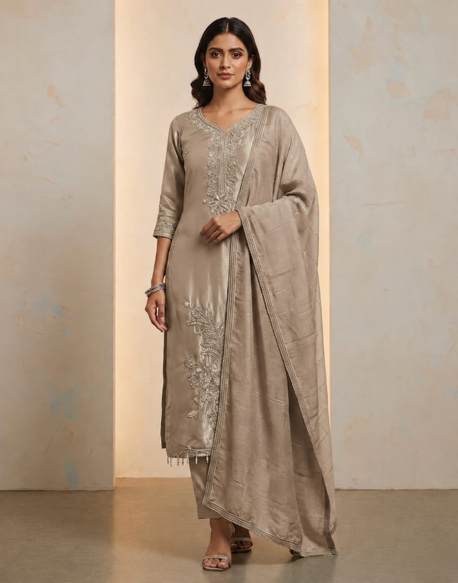 Beige Embroidered Salwar material with stone work