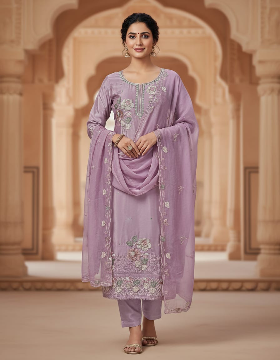 Lavender Embroidered Salwar Suit material
