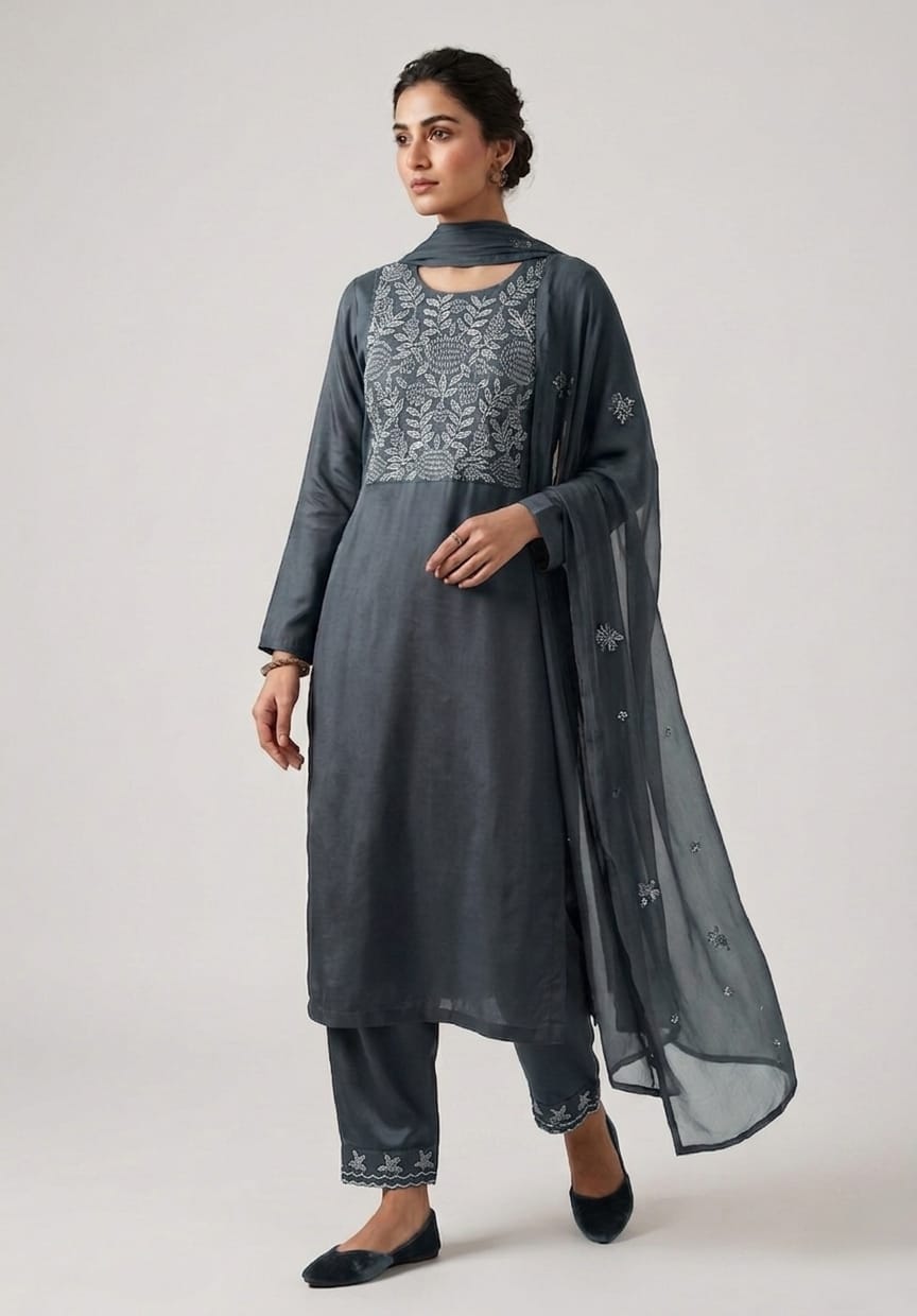 Embroidered Grey mul chanderi Salwar material