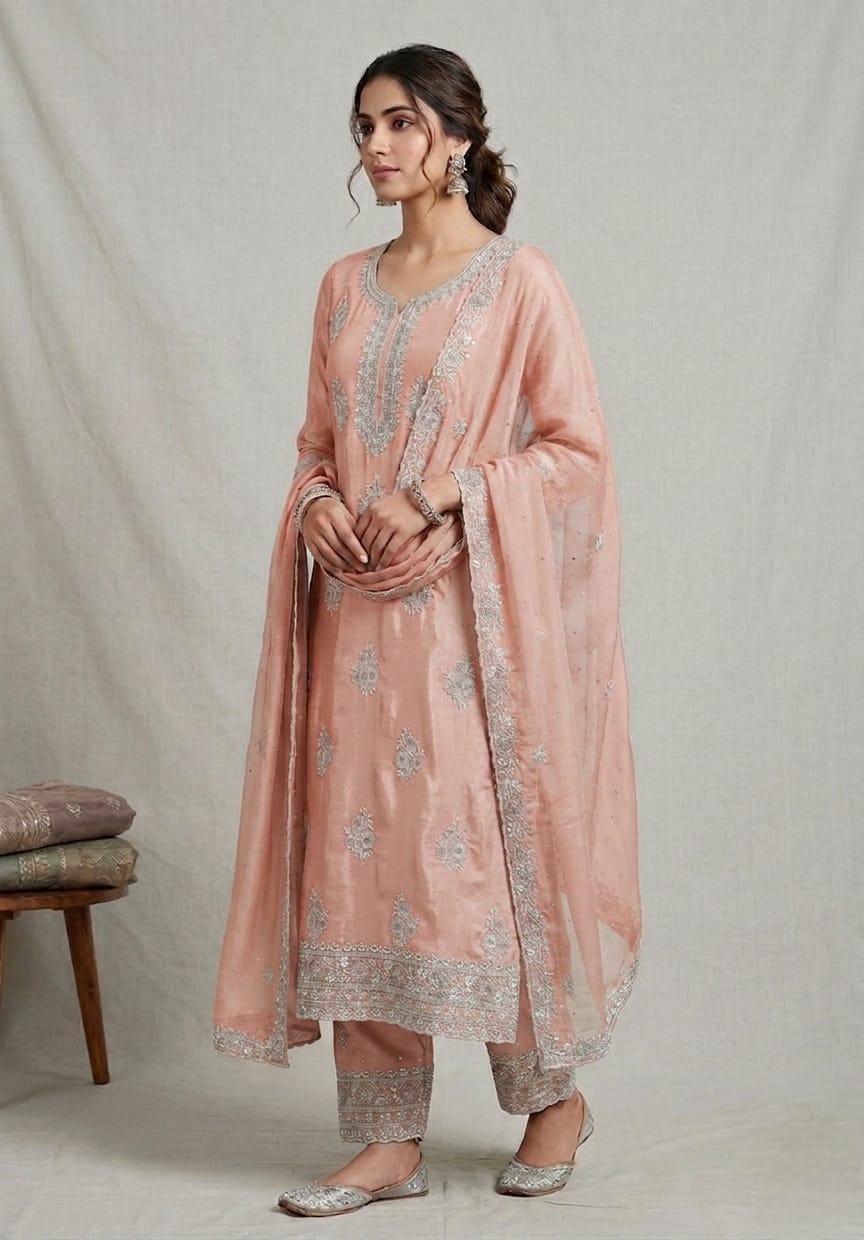 Peach Embroidered Salwar material