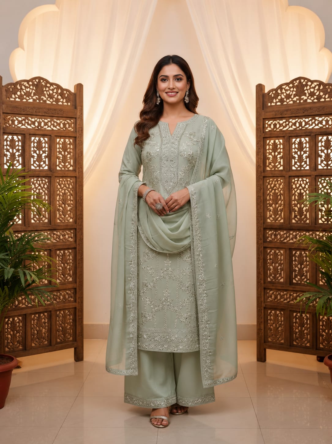 Pastel Green Embroidered Salwar material