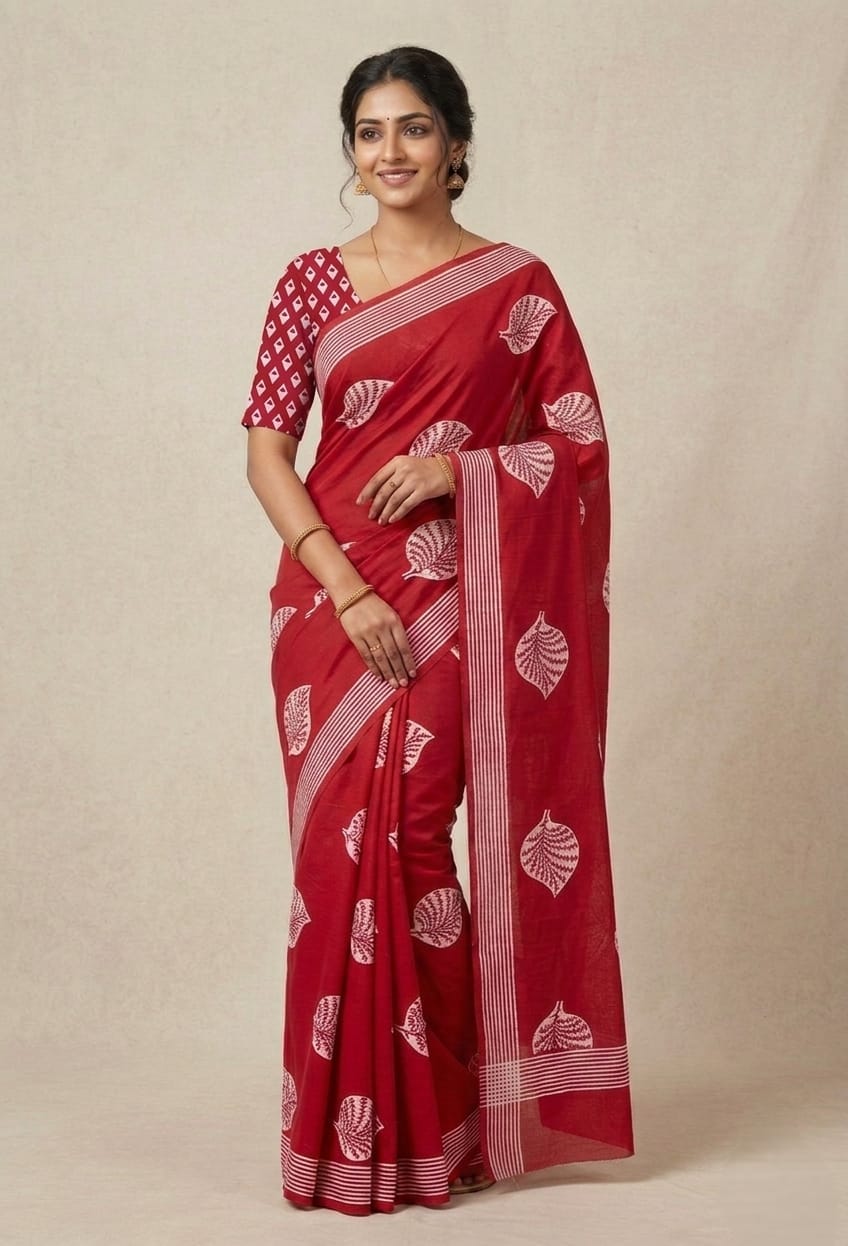 Red Printed Mul Cotton Saree