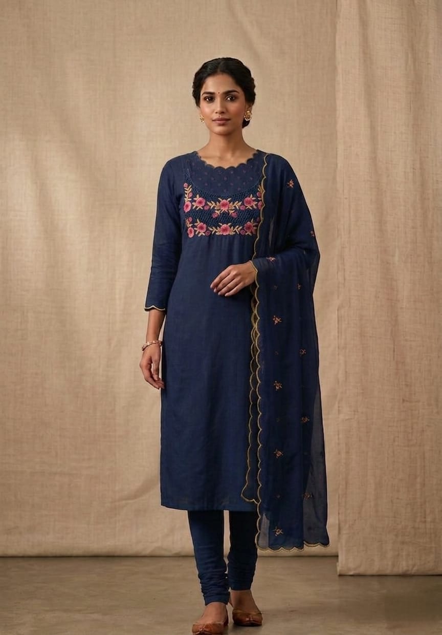 Embroidered Navy Blue Salwar material