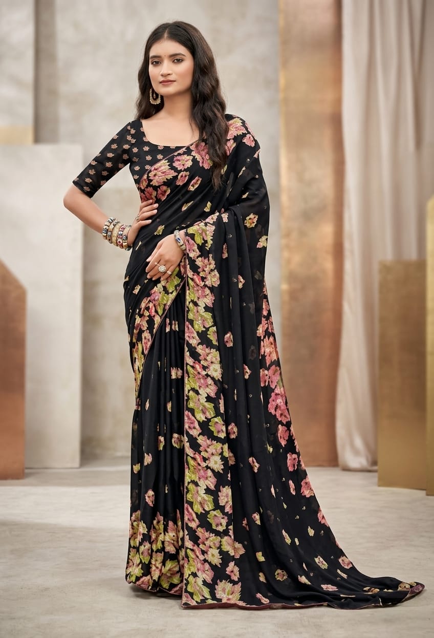 Black Floral Print Georgette Saree with blouse piece