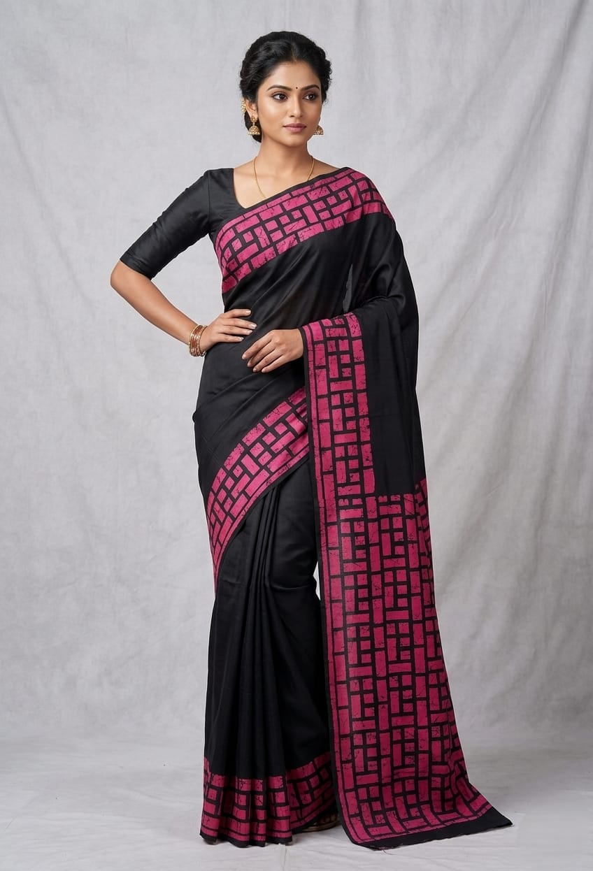 Black & Magenta Geometric Print Mul Cotton Saree