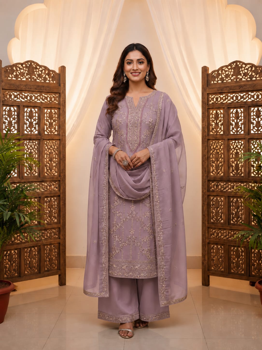 Pastel Lavender Embroidered Salwar material