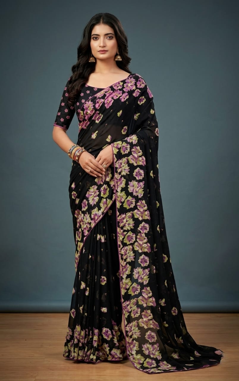 Black Floral Printed Georgette Saree with blouse piece
