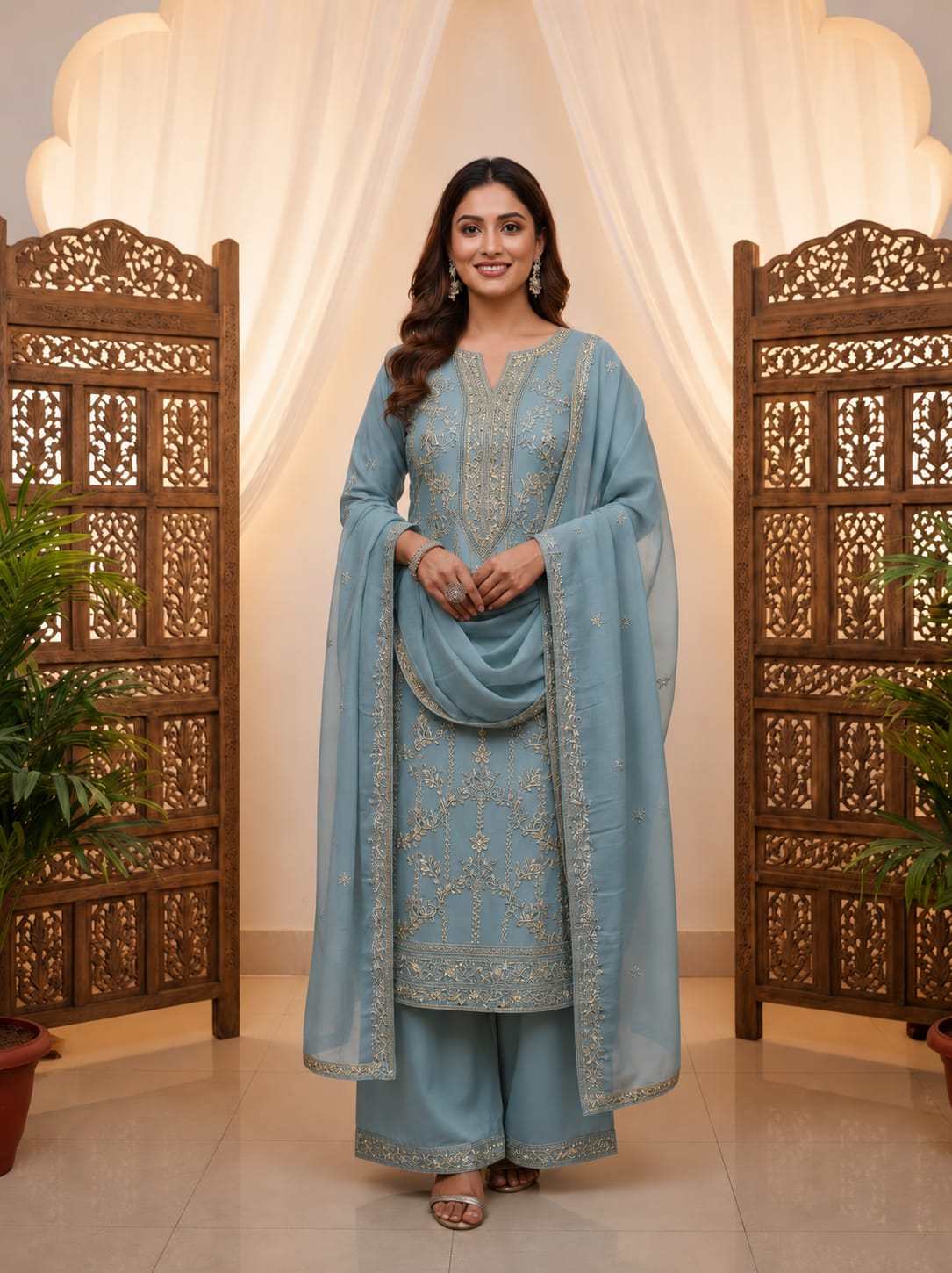Pastel Blue Embroidered Salwar material