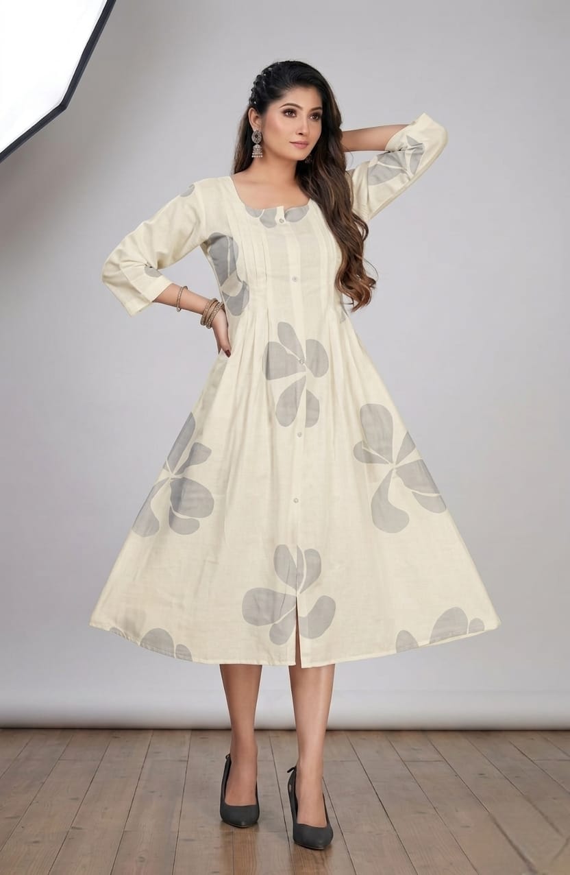 Floral Print Beige Cotton Kurti